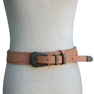 Vintage French Made Pink Tooled Leather Western Belt Silver Buckle 30-34 Waist